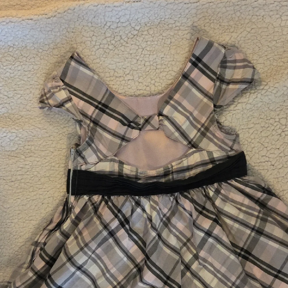 Girls Plaid Fit-and-Flare Dress with Black Waistband - Pink/Gray